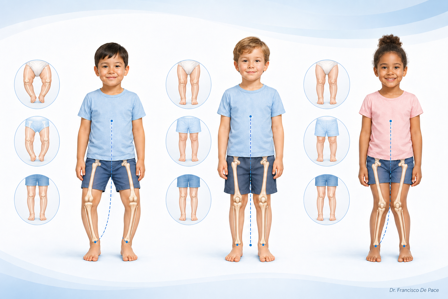 Ilustración comparativa de piernas arqueadas, alineación neutra y piernas en X en niños.