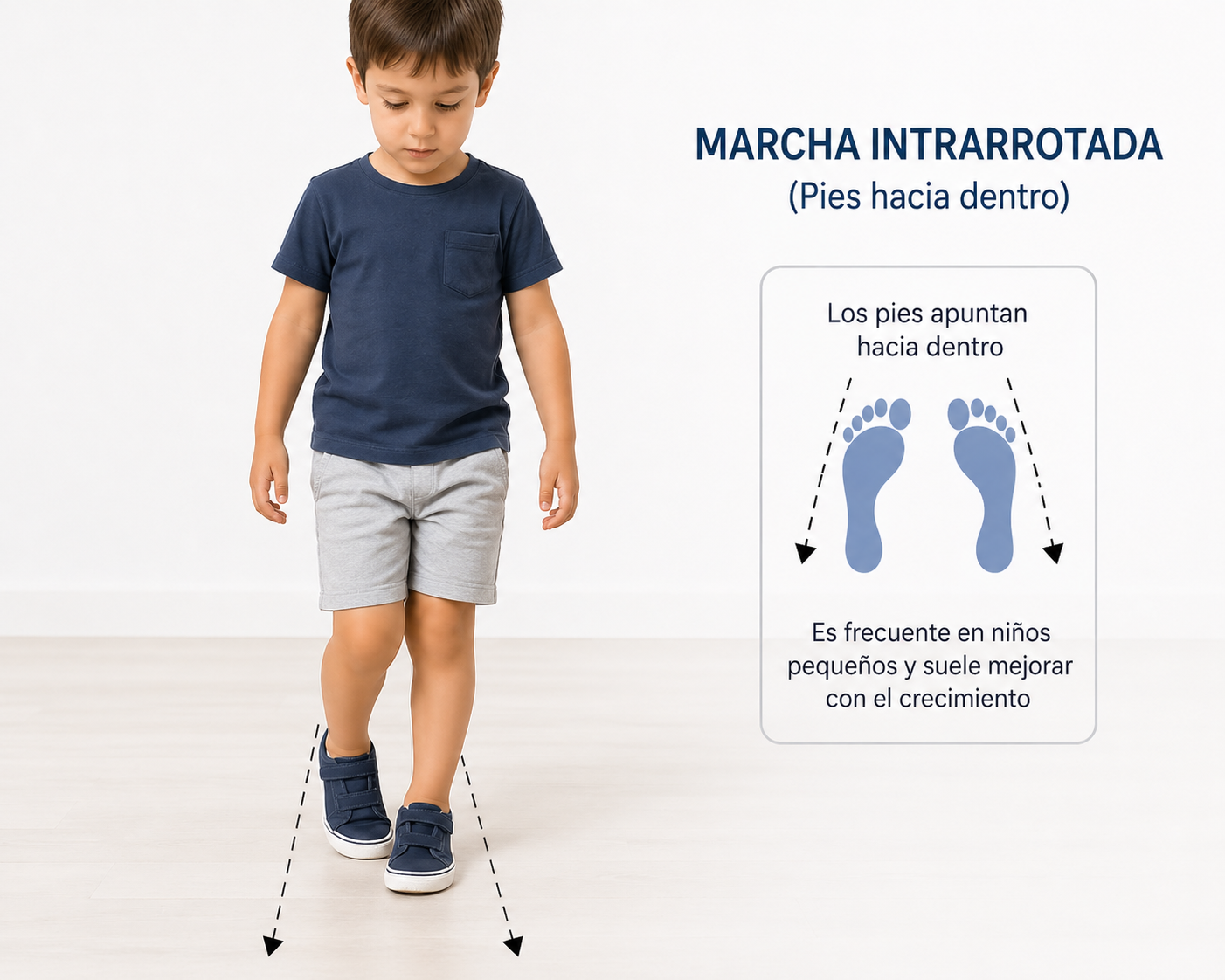 Imagen clínica de marcha intrarrotada en niños con pies hacia dentro.