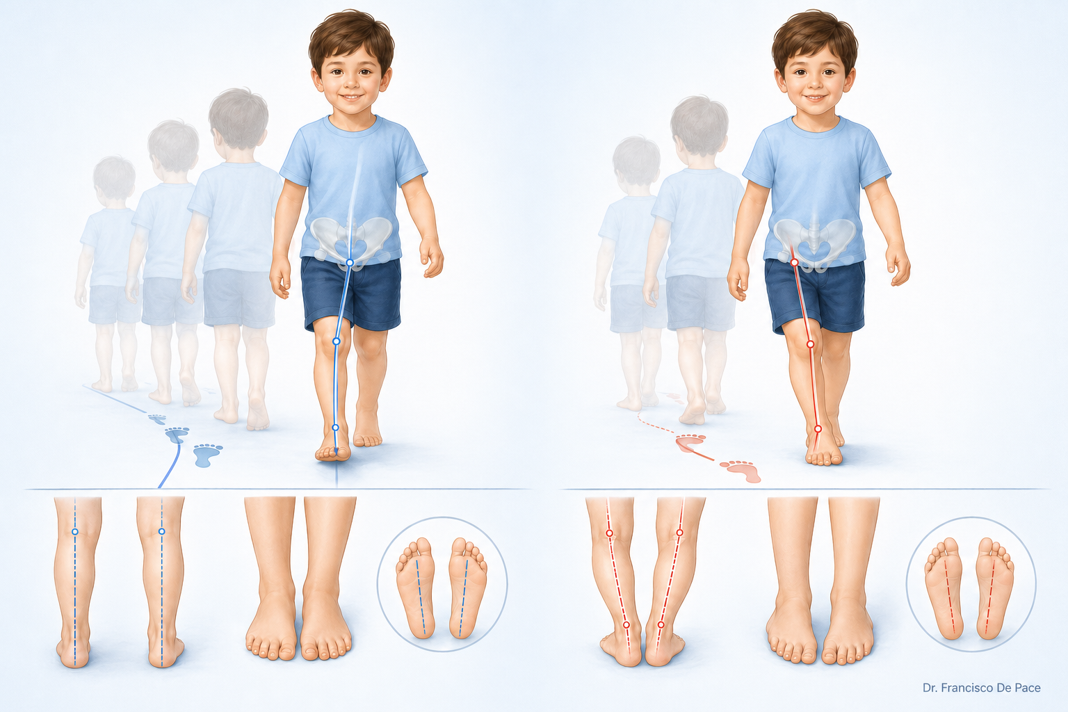 Ilustración comparativa de marcha intrarrotada en niños con pies hacia dentro.