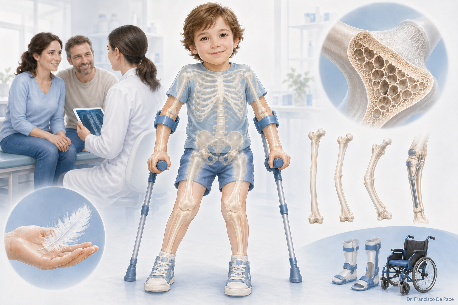 Ilustración médica de osteogénesis imperfecta con fragilidad ósea y seguimiento ortopédico especializado.