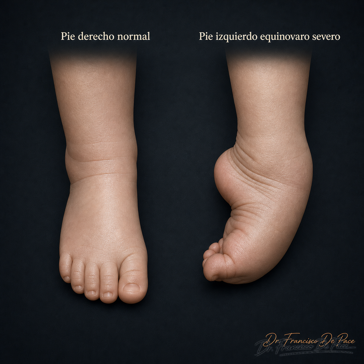 Comparación entre un pie derecho normal y un pie izquierdo con pie equinovaro severo.